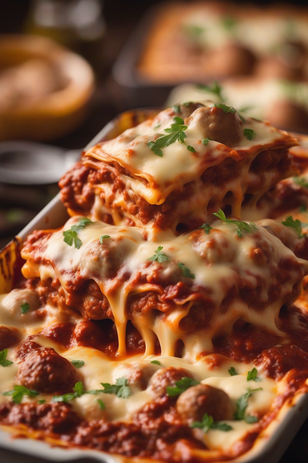 A high-resolution photo of meatball lasagna with meatballs peeking from saucy layers and cheese, under soft lighting.