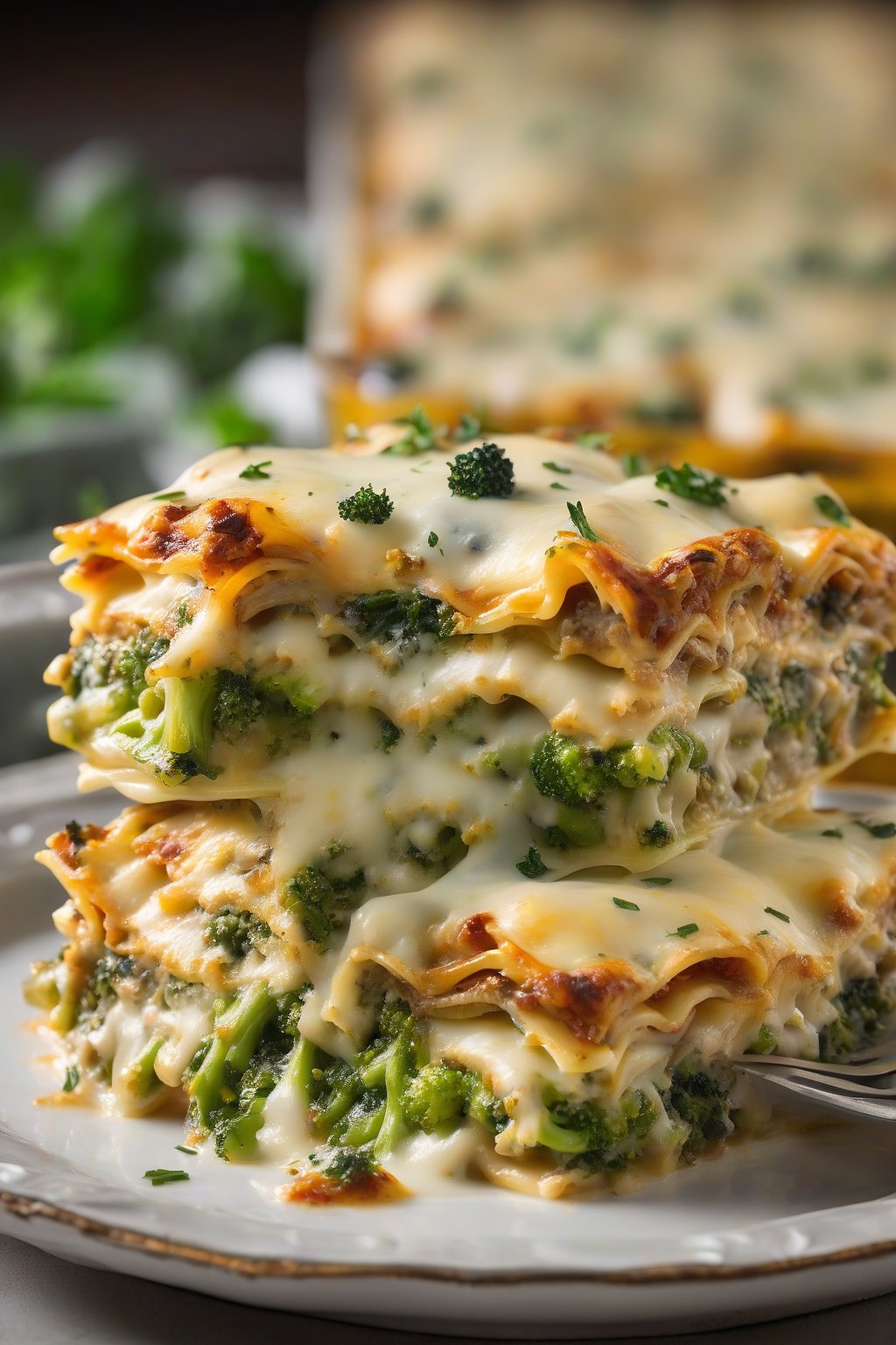 A high-resolution photo of turkey and broccoli lasagna with green flecks in cheesy layers, under soft lighting.