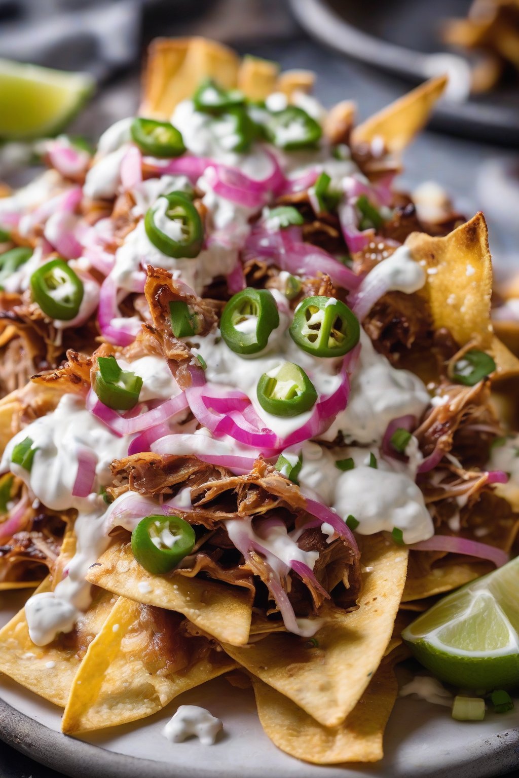 A close-up photo of pulled pork nachos with cotija cheese, pickled onions, and crema drizzles under soft lighting.