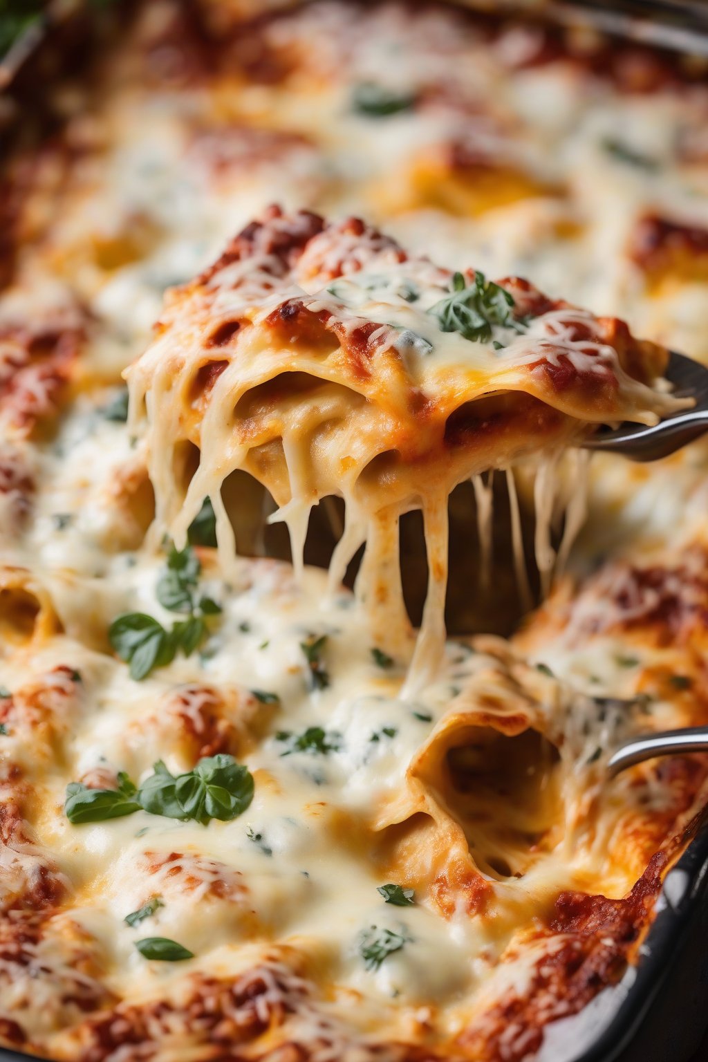 A high-resolution photo of four-cheese lasagna with oozy, multicolored cheese melt, under soft lighting.