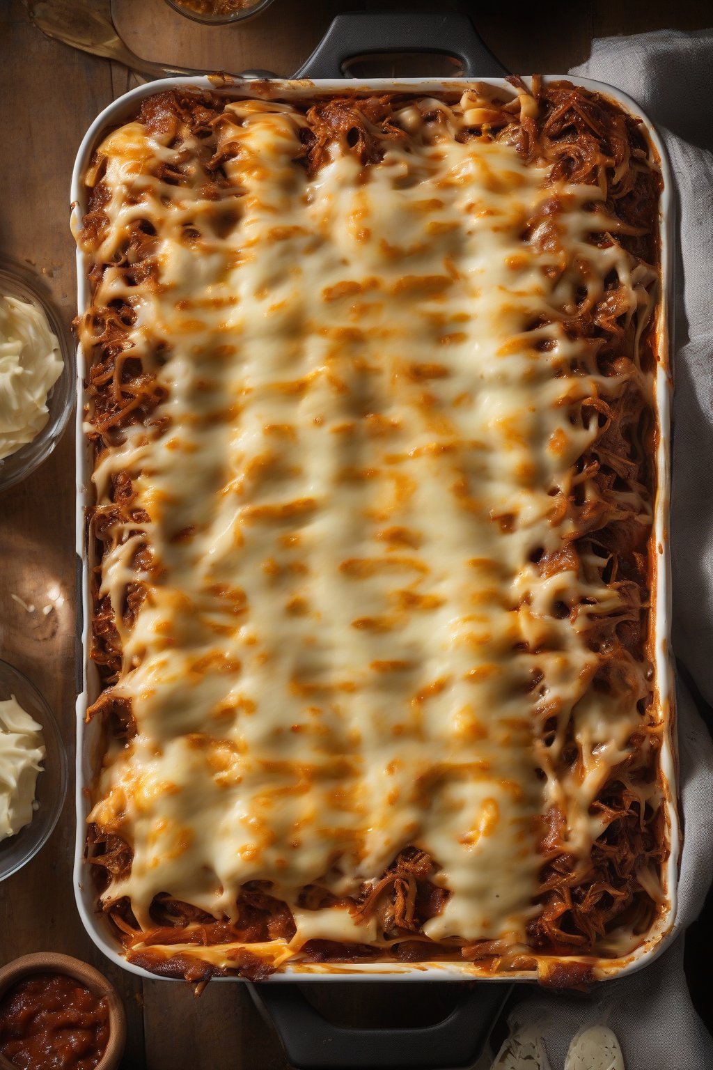 A high-resolution photo of BBQ pulled pork lasagna with smoky sauce strands and cheese, under soft lighting.