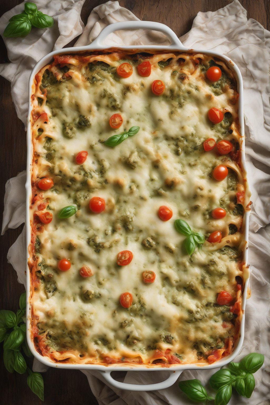 A high-resolution photo of pesto chicken lasagna with green swirls and tomato accents, under soft lighting.