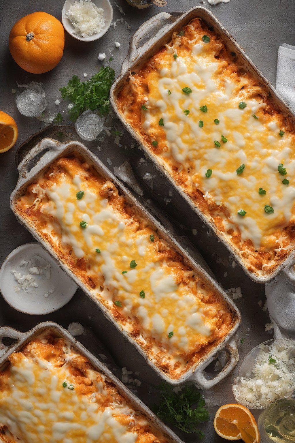 A high-resolution photo of buffalo chicken lasagna with fiery orange sauce and cheese bubbles, under soft lighting.