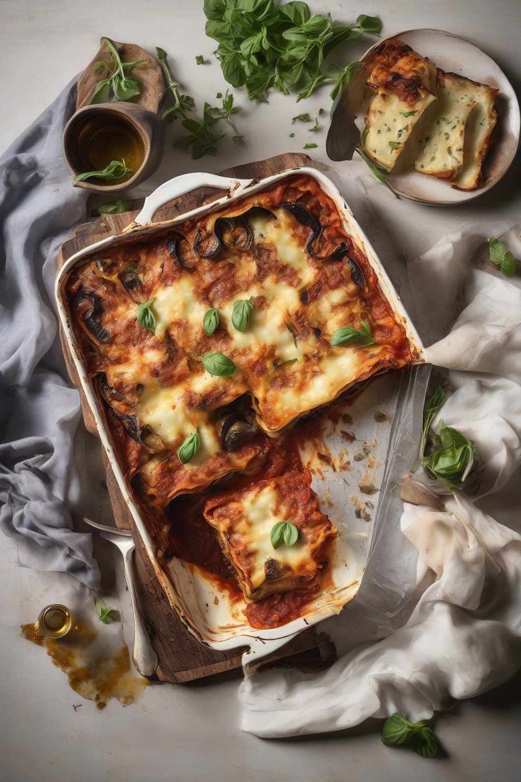 A high-resolution photo of eggplant lasagna with charred slices and melty cheese, under soft lighting.