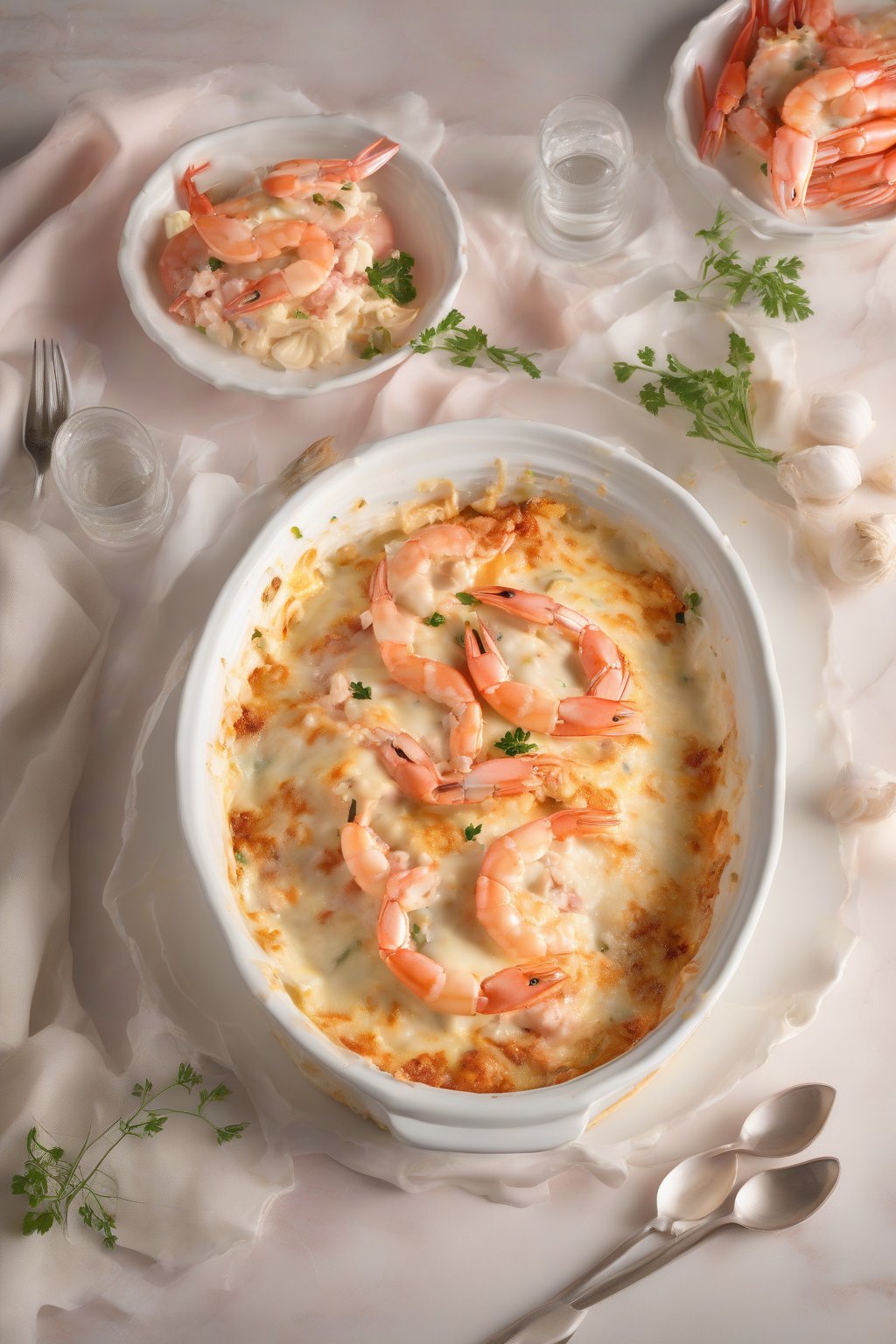 A high-resolution photo of seafood lasagna with pink shrimp and white crab in creamy layers, under soft lighting.