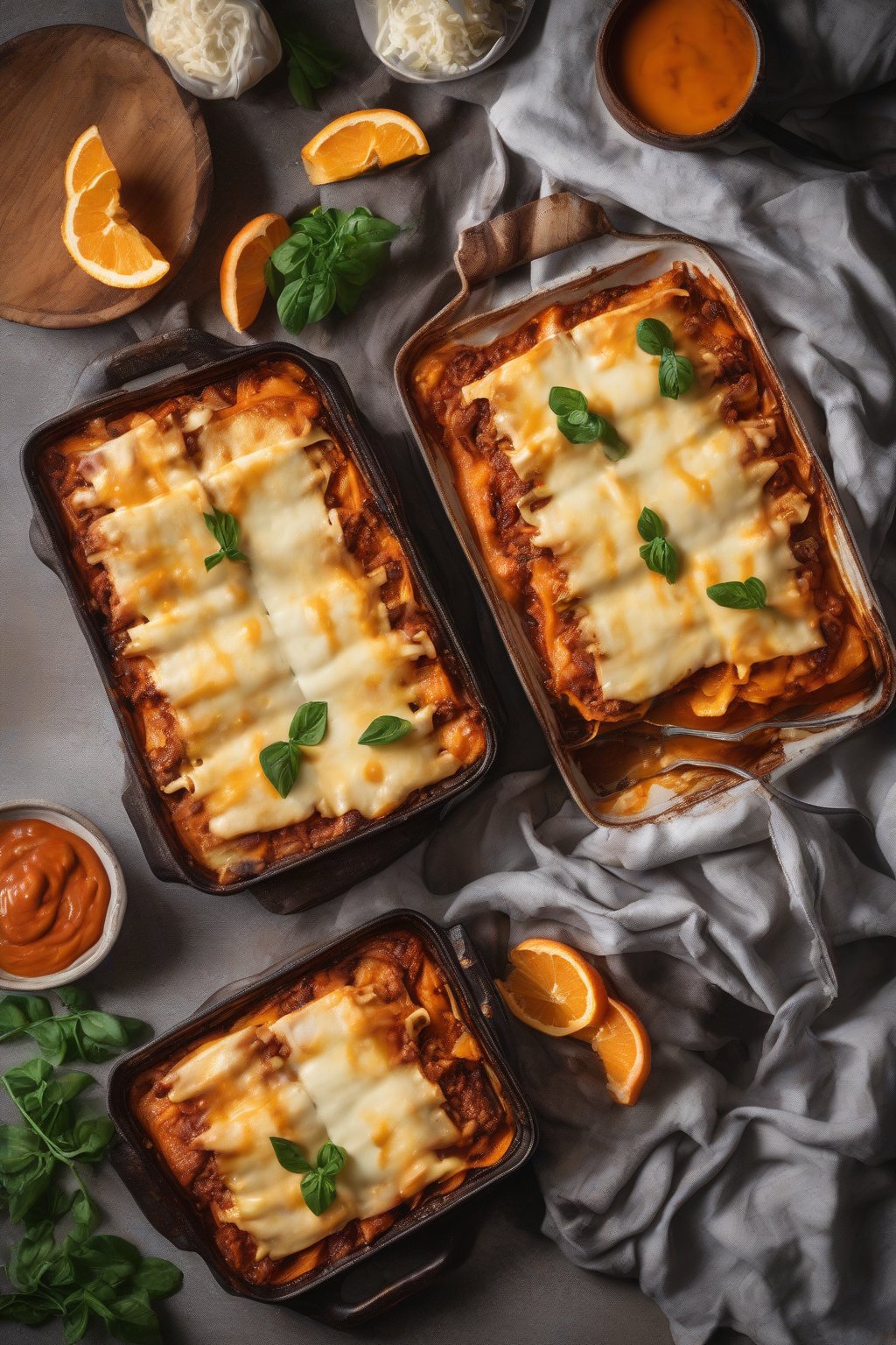 A high-resolution photo of sweet potato lasagna with orange slices and beefy sauce, under soft lighting.