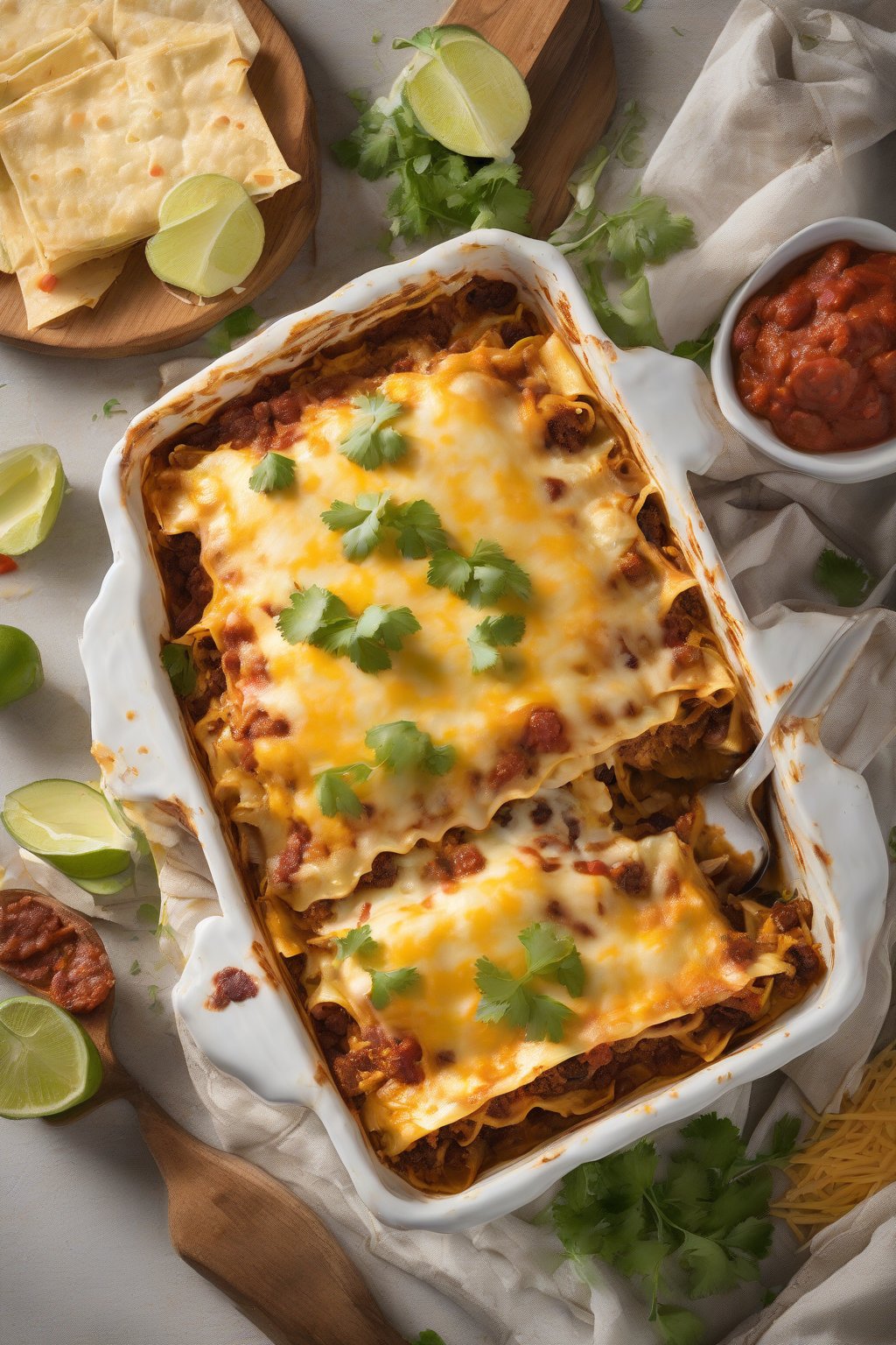 A high-resolution photo of Mexican lasagna with layered tortillas, chorizo, and melted cheddar, under soft lighting.