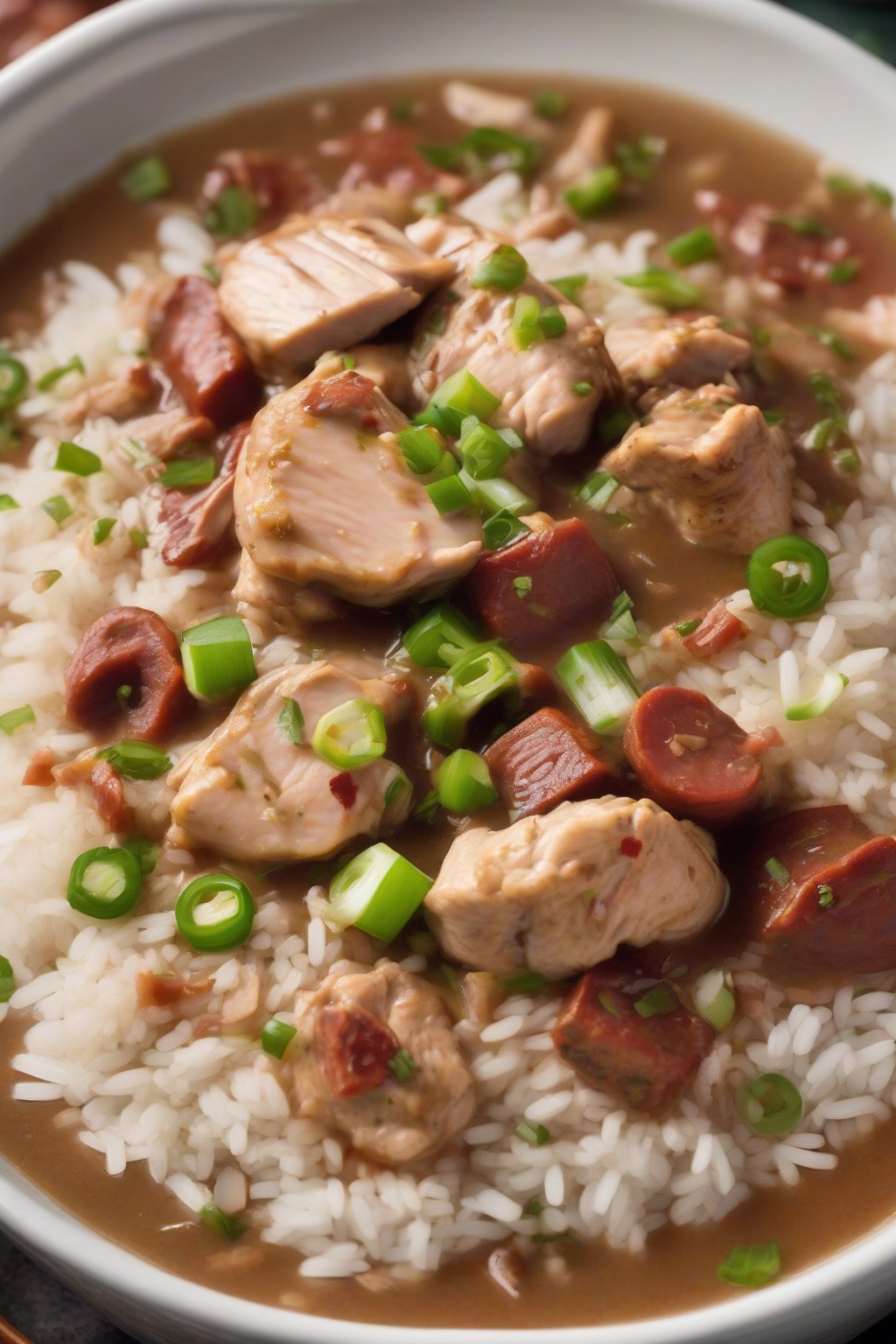A high-resolution photo of a steaming bowl of classic chicken and andouille gumbo topped with green onions, served over fluffy rice under soft lighting.