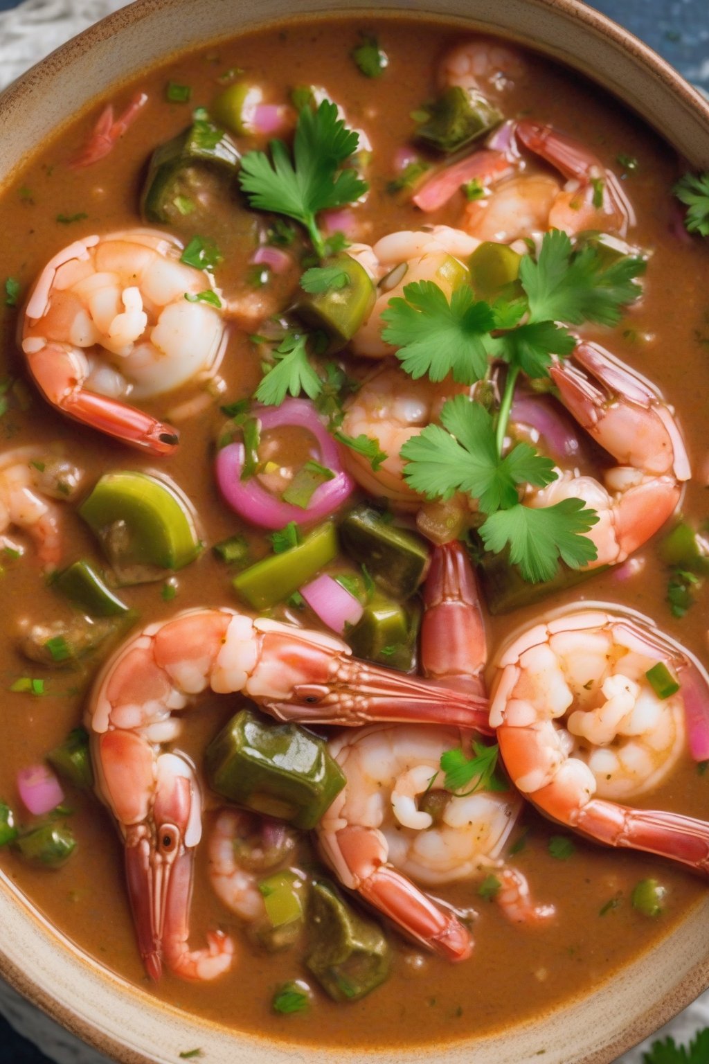 A close-up photo of shrimp and okra gumbo in a rustic bowl with pink shrimp peeking through thick gravy, garnished with parsley under soft lighting.