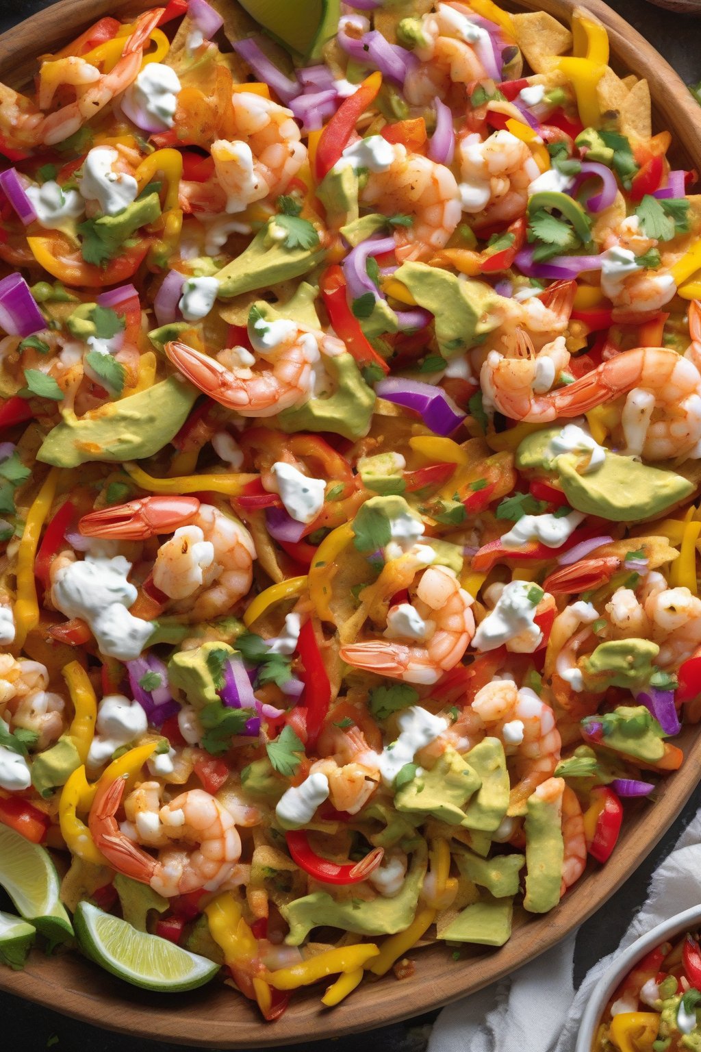 A close-up photo of shrimp fajita nachos with colorful peppers, queso fresco, and guac under soft lighting.