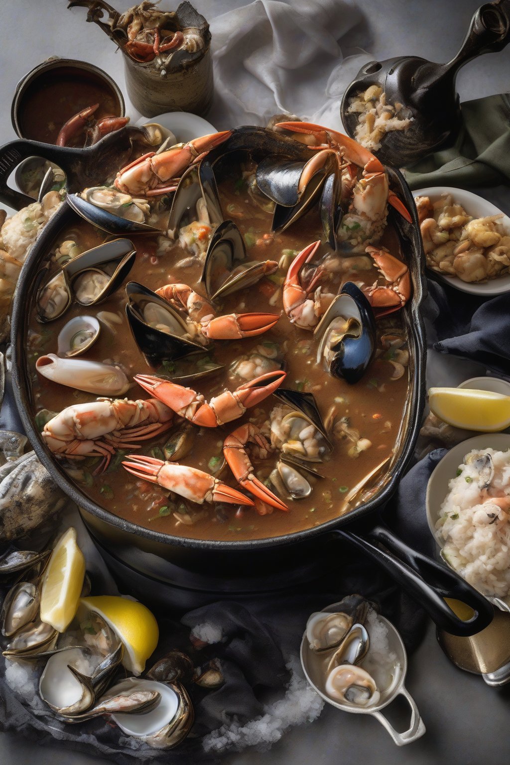 A high-resolution photo of seafood gumbo brimming with crab claws, oysters, and shrimp, steam rising from a cast-iron pot under soft lighting.
