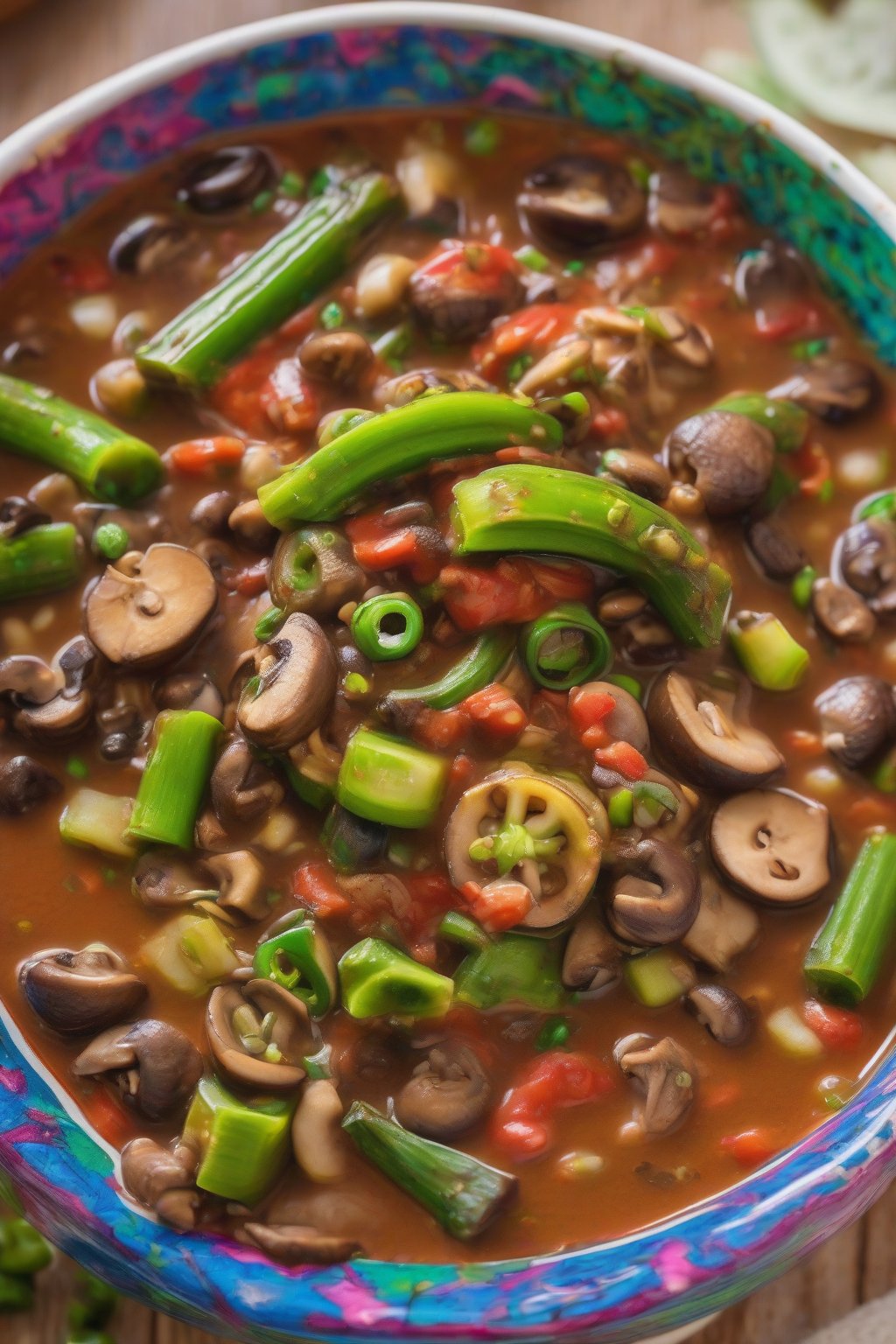 A close-up photo of vibrant vegetarian okra gumbo with beans and mushrooms in a colorful bowl, sprinkled with scallions under soft lighting.