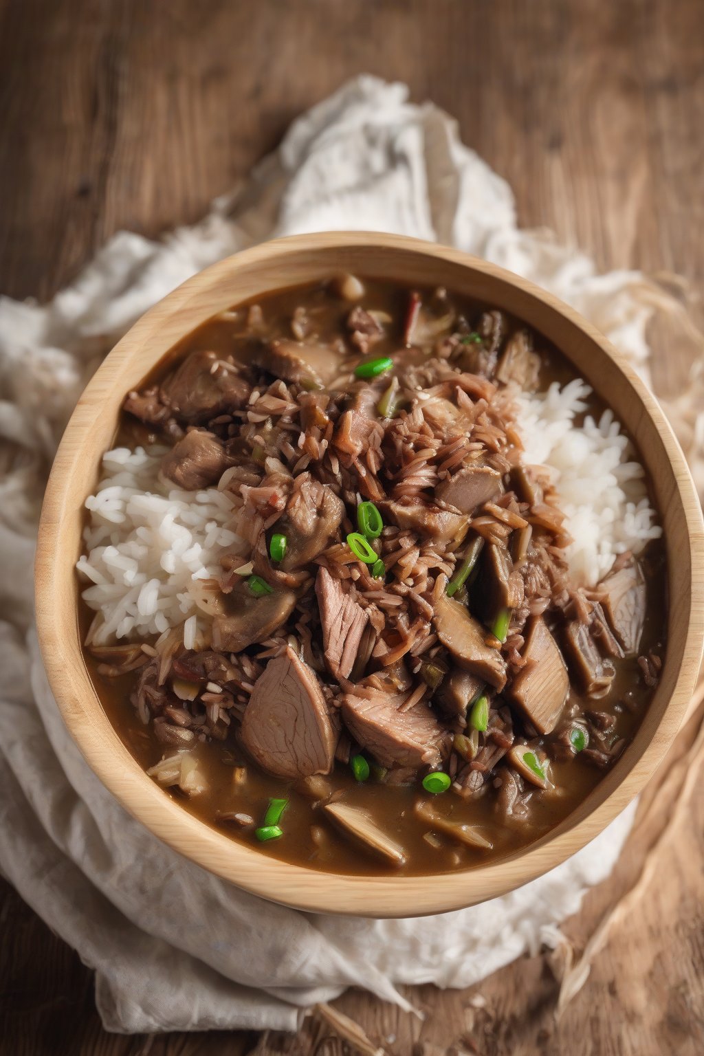 A high-resolution photo of duck gumbo with tender meat shreds and wild rice over white rice, in a wooden bowl under soft lighting.