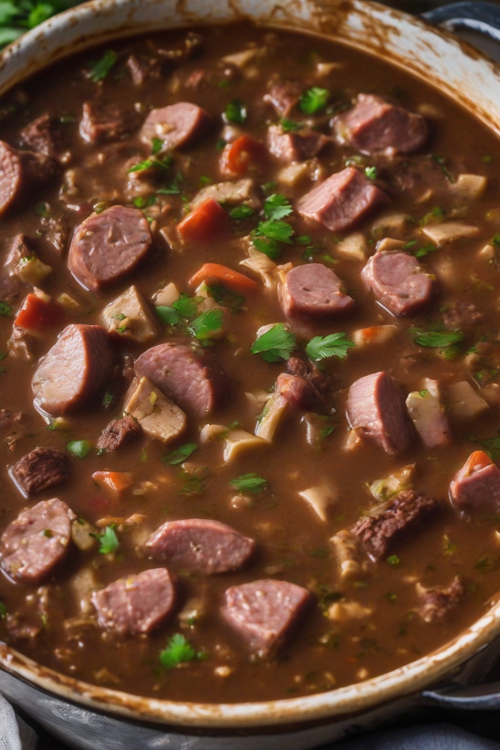 A close-up photo of turkey and smoked sausage gumbo with chunks of meat in dark roux, served family-style under soft lighting.
