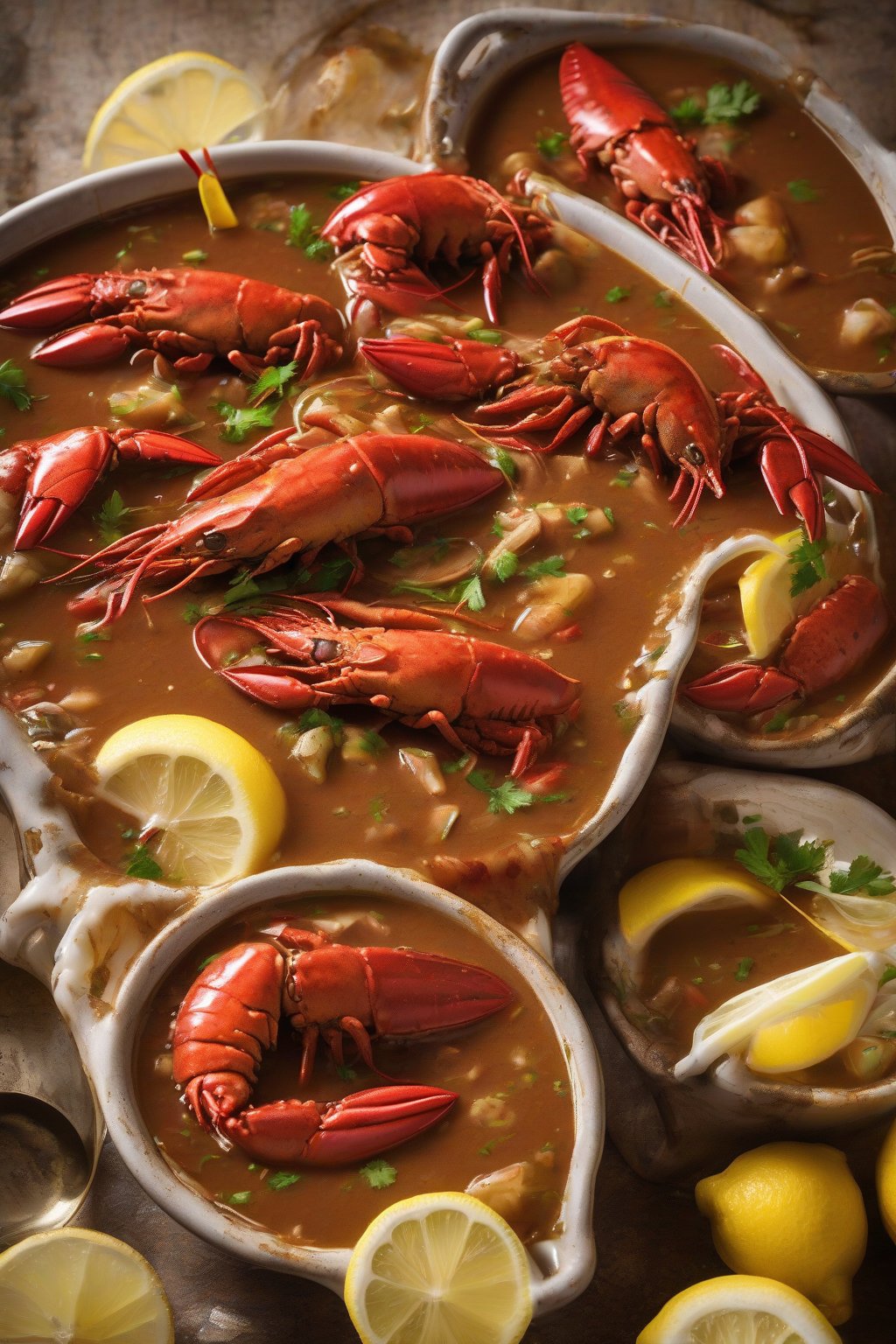 A high-resolution photo of crawfish gumbo tails emerging from thick gravy, garnished with lemon wedges under soft lighting.