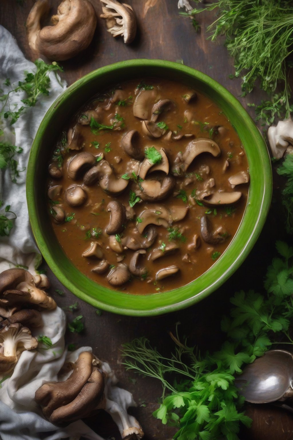 A close-up photo of vegan mushroom gumbo mimicking meaty texture, in a green bowl with herbs under soft lighting.