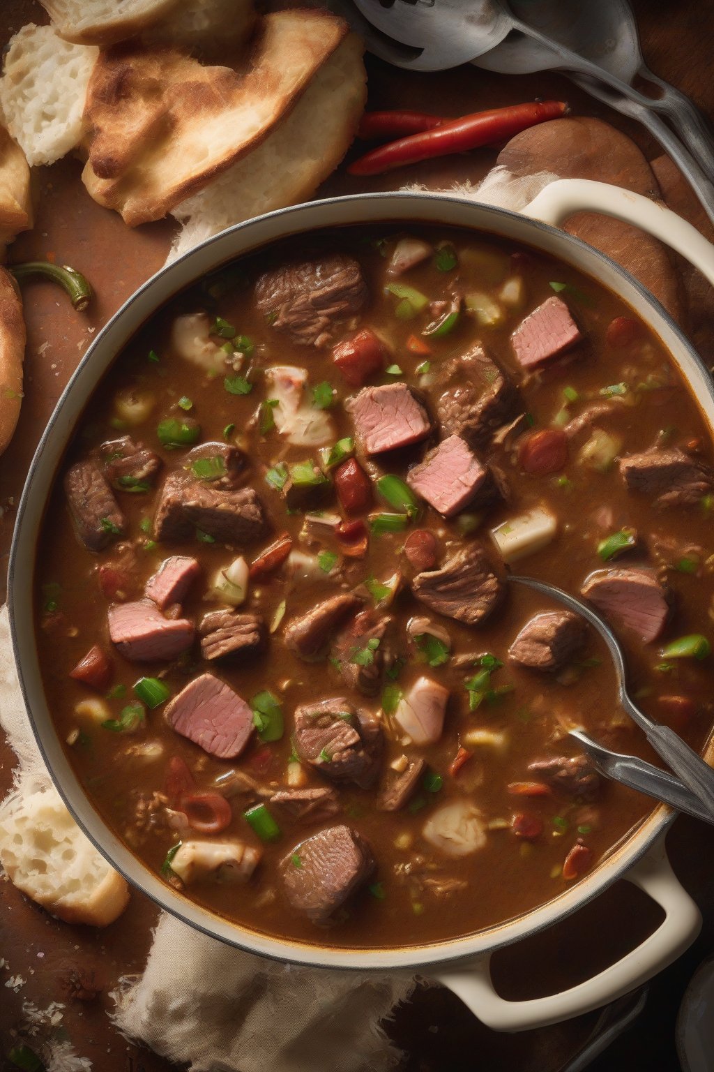 A high-resolution photo of beef and andouille gumbo with tender meat pieces, steam curling up under soft lighting.
