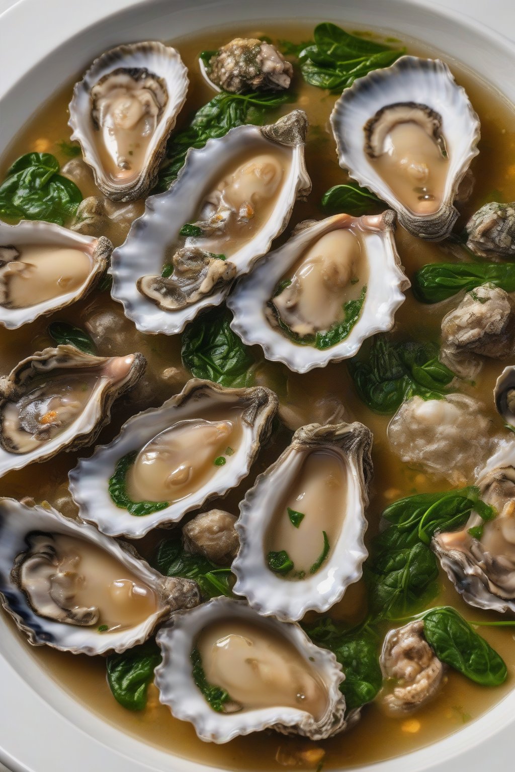 A close-up photo of oyster gumbo with spinach flecks and pearl-like oysters in broth, elegantly plated under soft lighting.