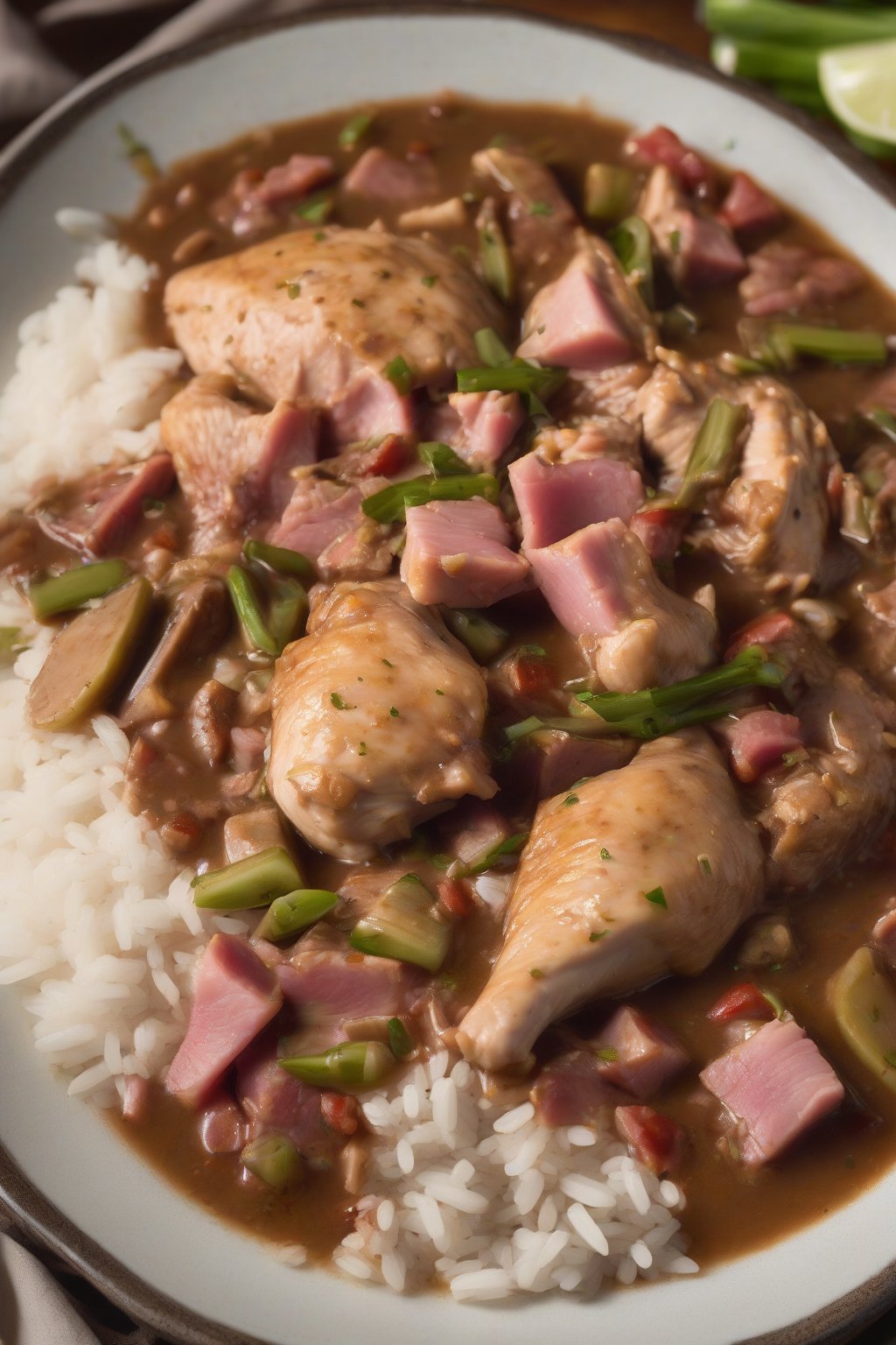 A high-resolution photo of chicken and tasso gumbo with pink ham bits in dark sauce, over rice under soft lighting.
