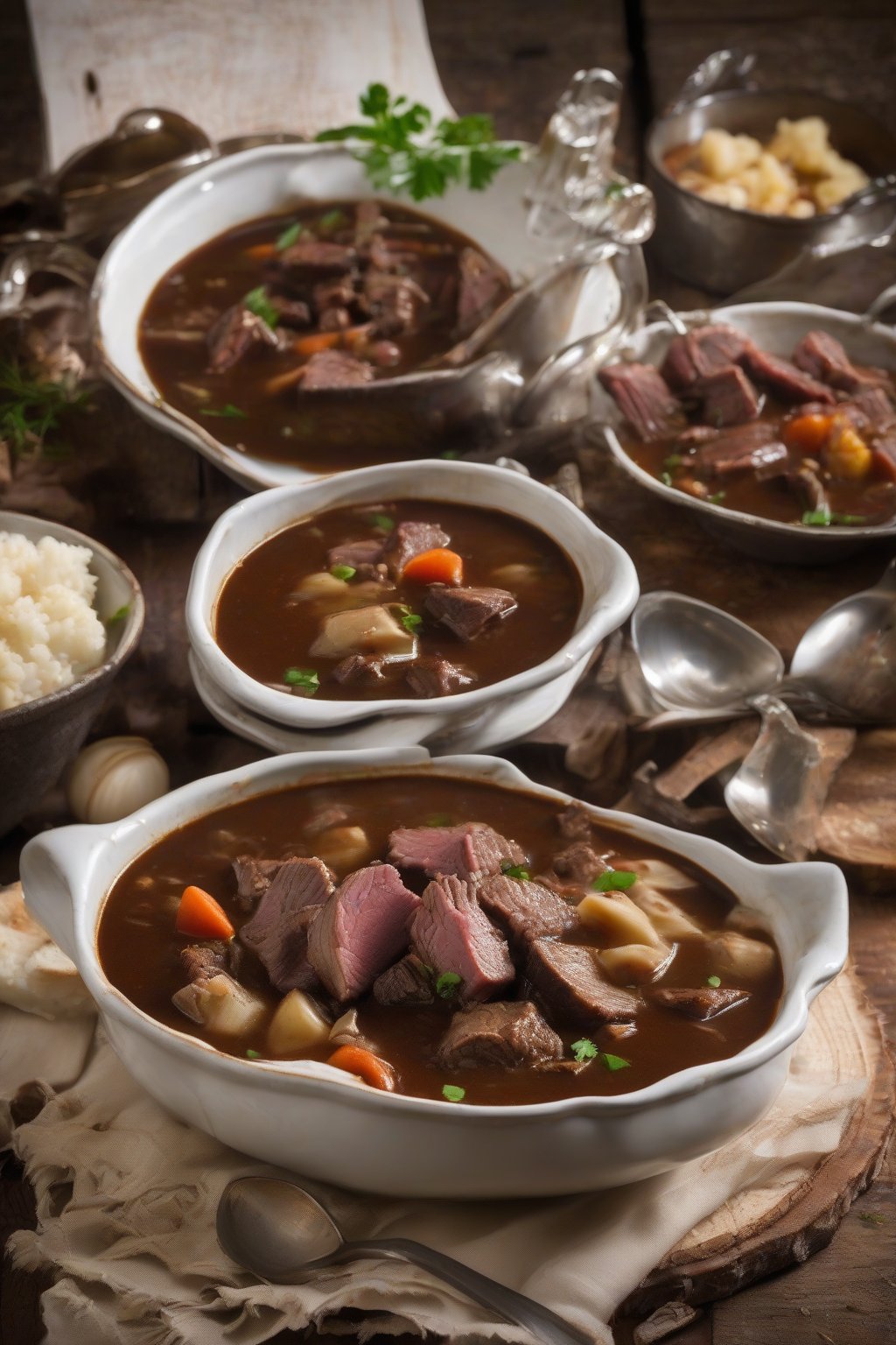 A close-up photo of wild game deer gumbo with rich, dark broth and meat chunks, rustic presentation under soft lighting.
