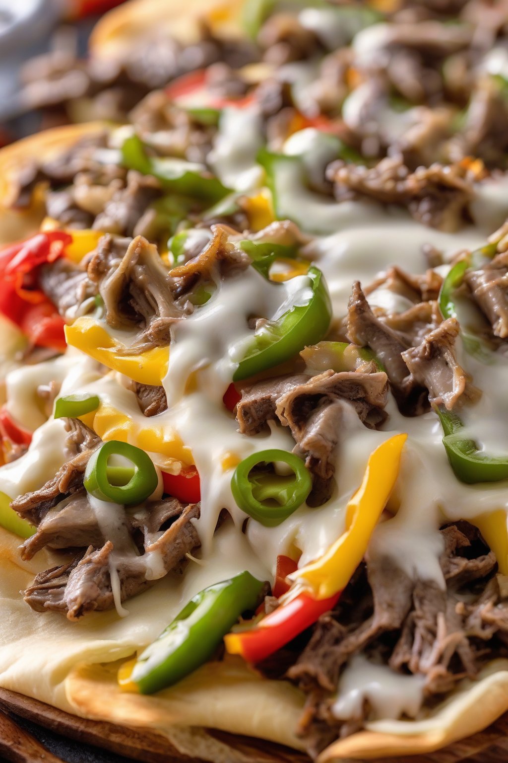 A close-up photo of Philly cheesesteak nachos oozing provolone with peppers and onions under soft lighting.