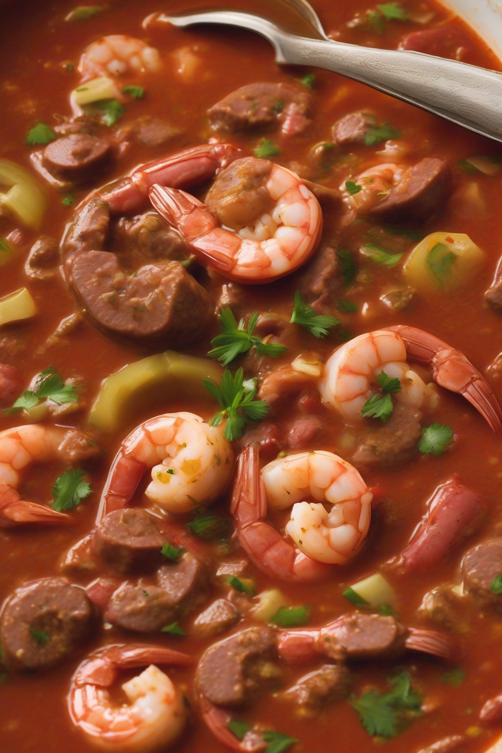 A high-resolution photo of tomatoey Creole gumbo with shrimp and sausage, vibrant red hues under soft lighting.
