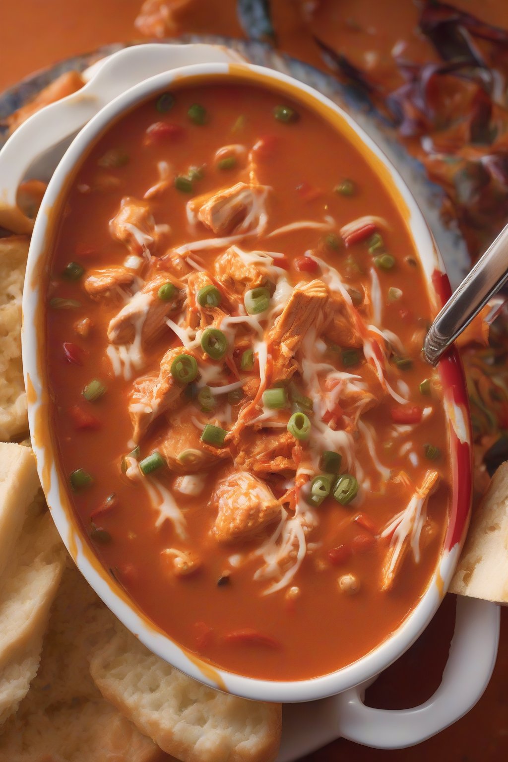 A close-up photo of buffalo chicken gumbo with tangy red streaks and cheese garnish, boldly spiced under soft lighting.