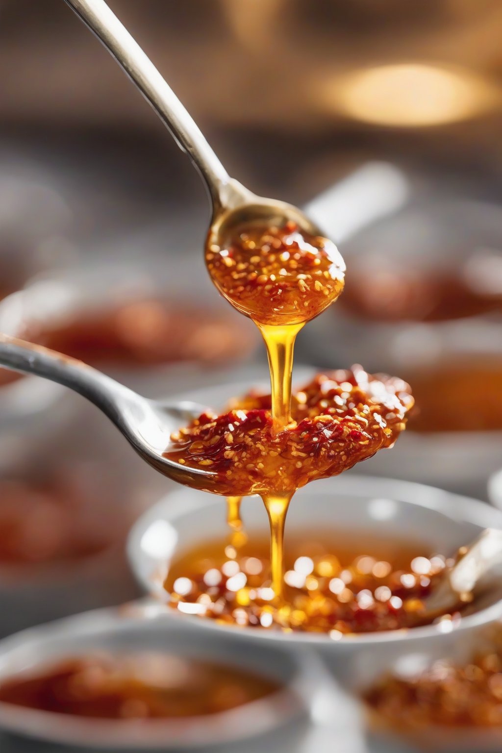 A close-up photo of golden hot honey dripping from a spoon with chili flakes and garlic visible, under soft lighting.