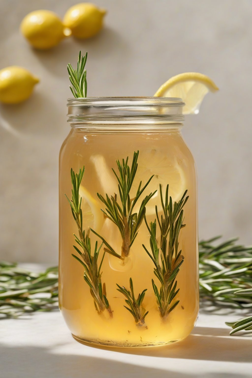 A close-up photo of lemon-rosemary infused hot honey in a jar with herb sprigs floating, under soft lighting.