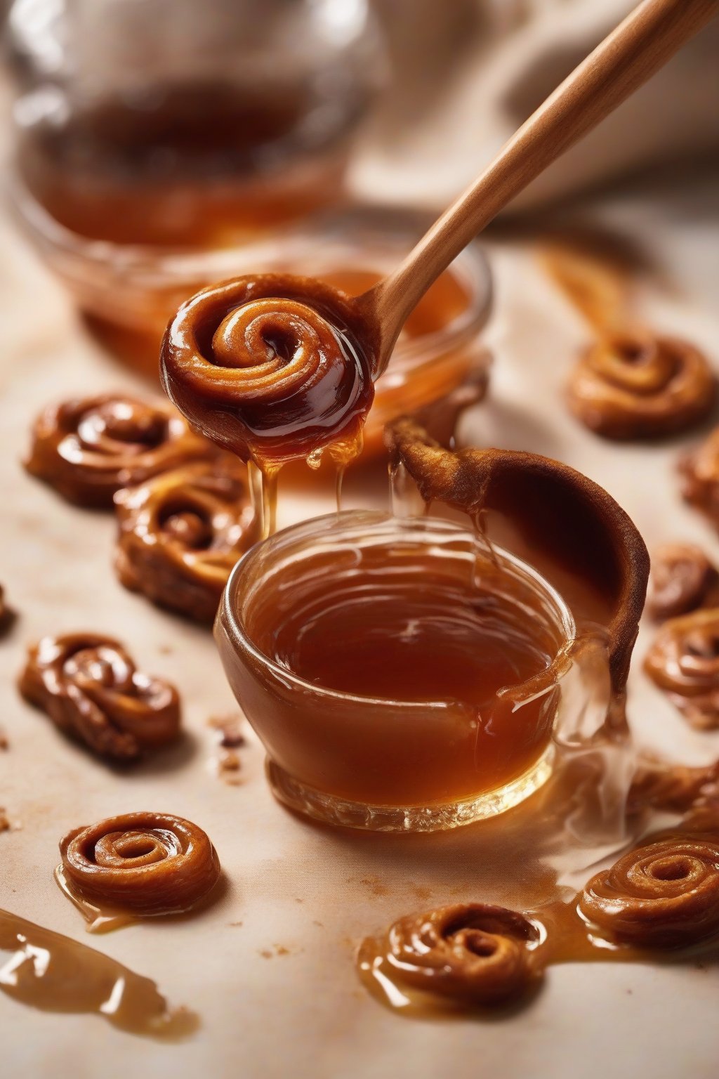 A close-up photo of smoky chipotle hot honey with cinnamon swirls, glistening on a wooden spoon, under soft lighting.