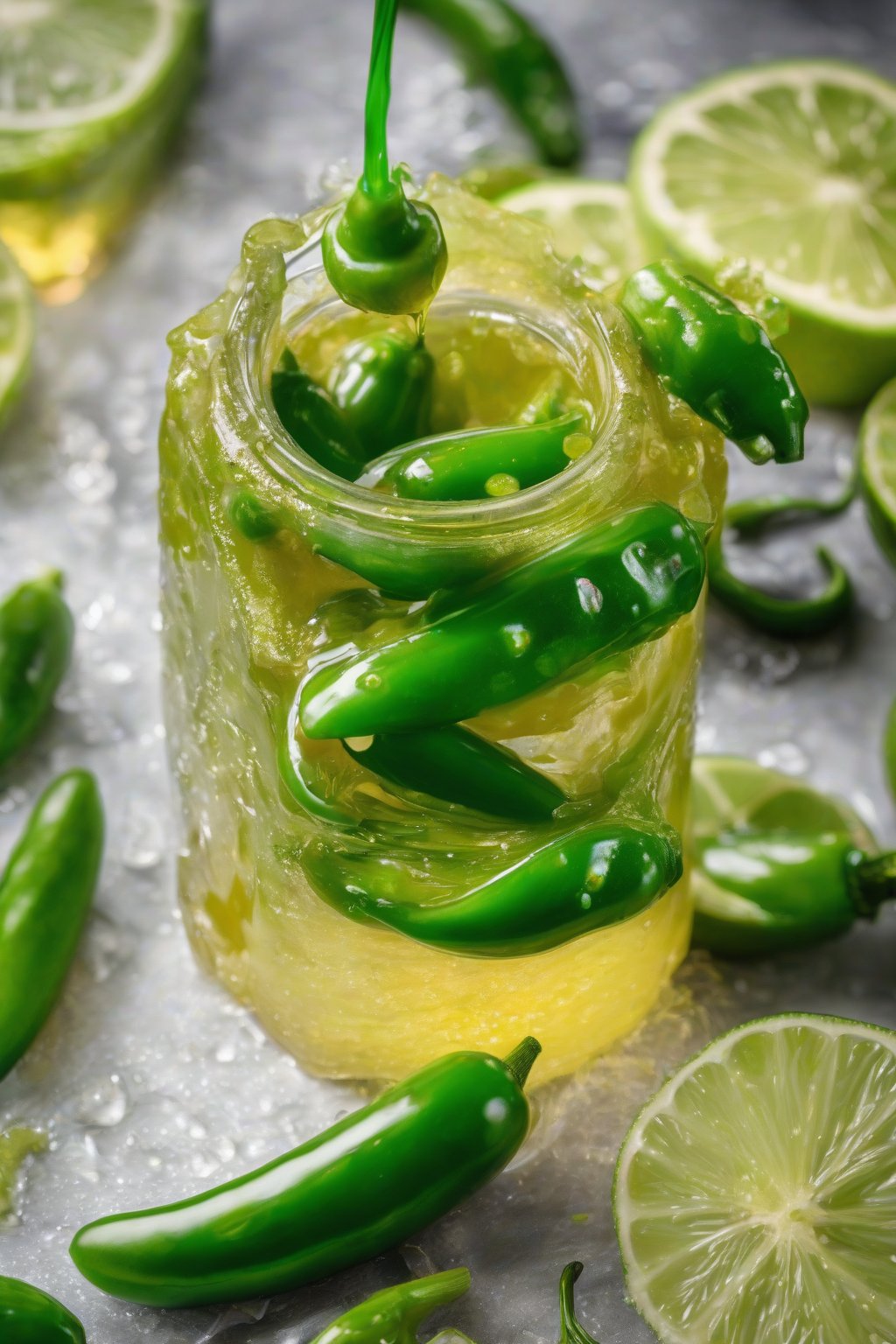 A close-up photo of vibrant green jalapeño-lime hot honey dripping over lime wedges, under soft lighting.