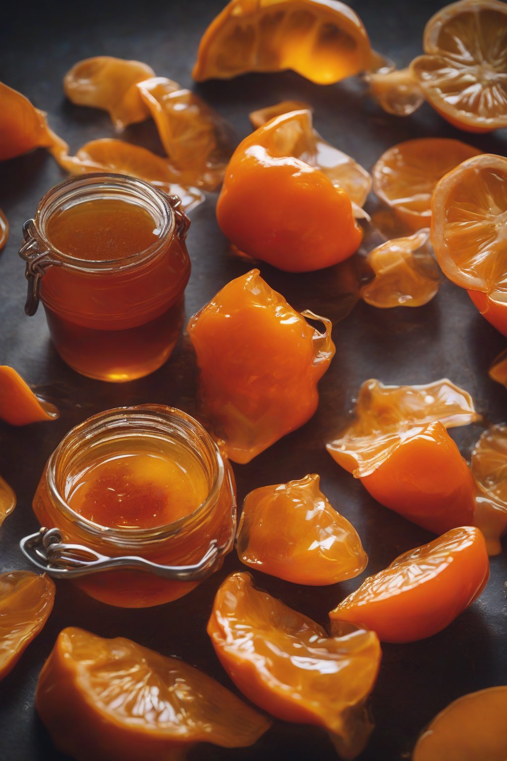 A close-up photo of fiery orange-infused hot honey with habanero slices, under soft lighting.