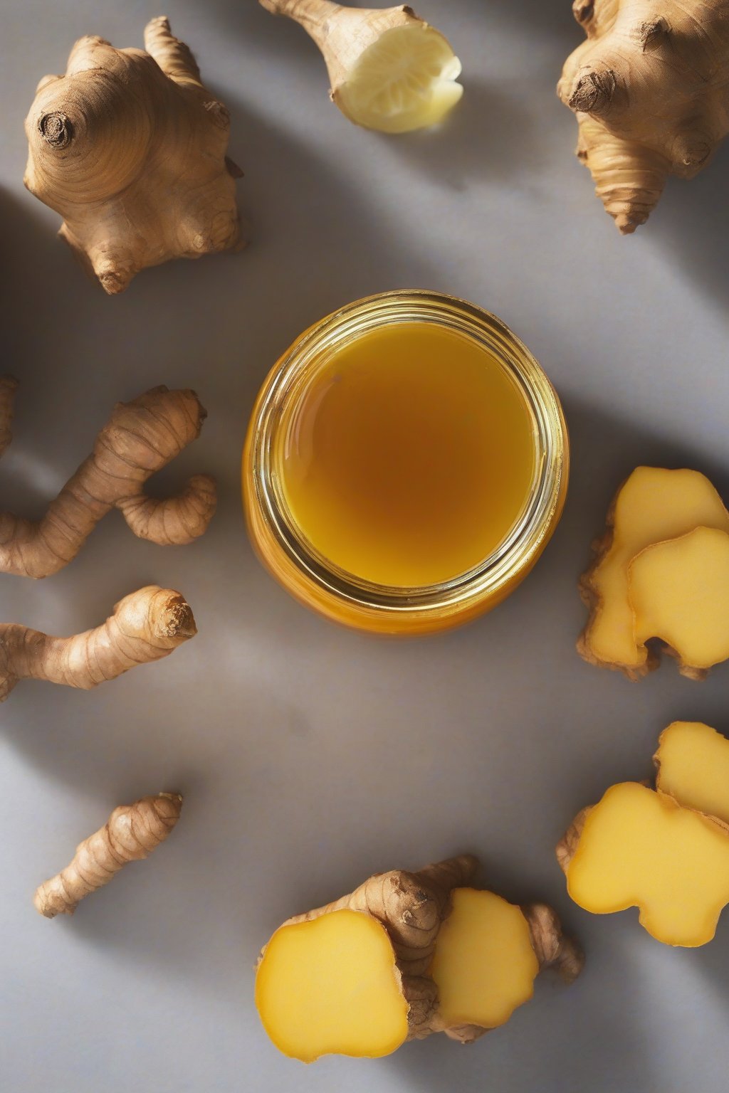 A close-up photo of golden ginger-turmeric hot honey in a jar with fresh ginger root, under soft lighting.