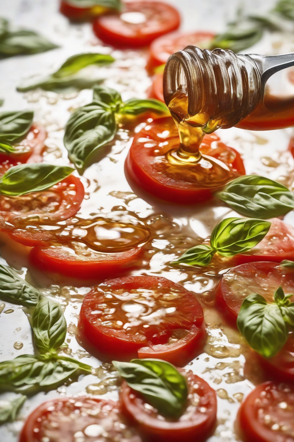 A close-up photo of basil-flecked hot honey poured over tomato slices, under soft lighting.
