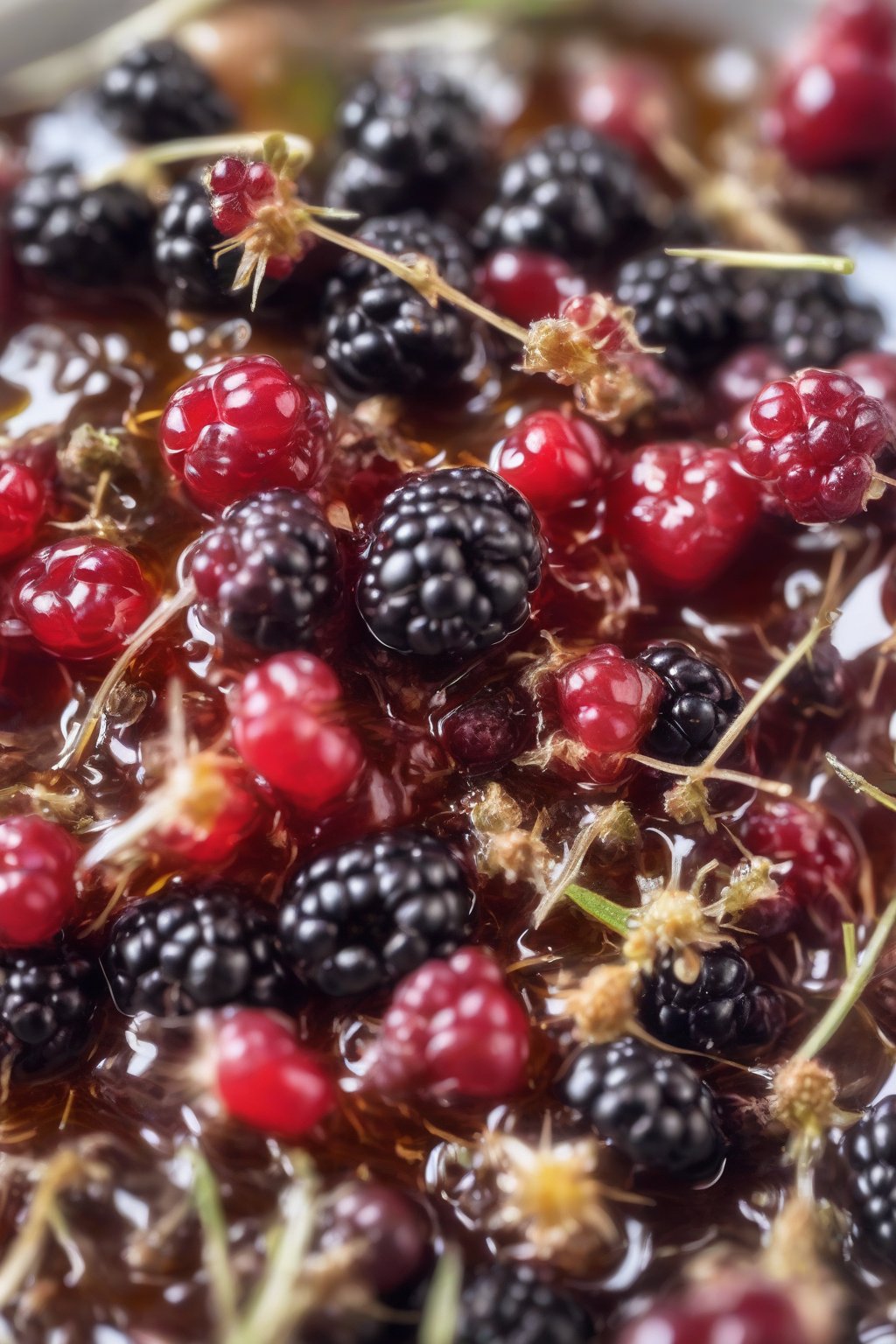 A close-up photo of blackberry-thyme hot honey with berries bursting through, under soft lighting.