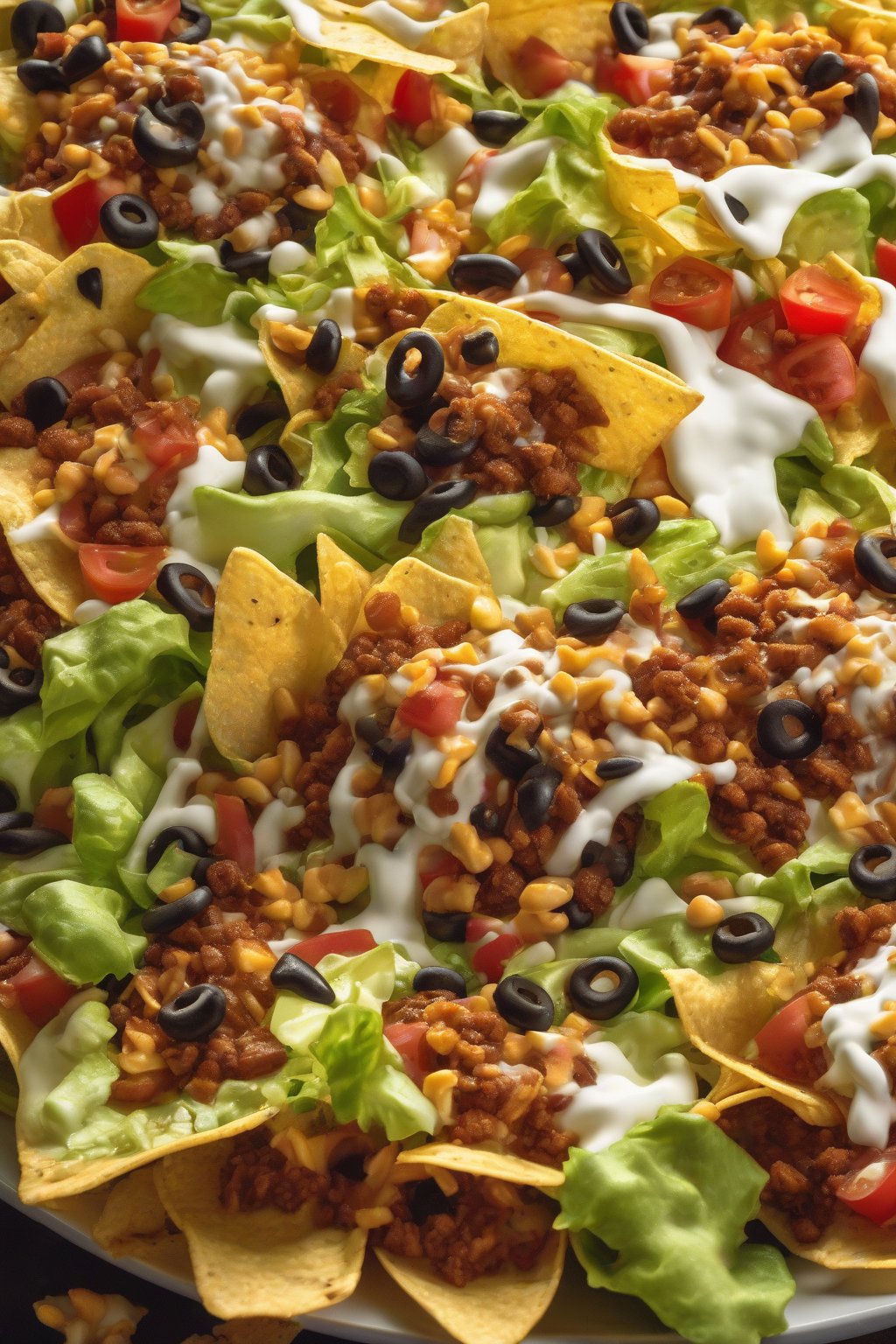 A close-up photo of taco supreme nachos with lettuce, beans, and crushed chips under soft lighting.