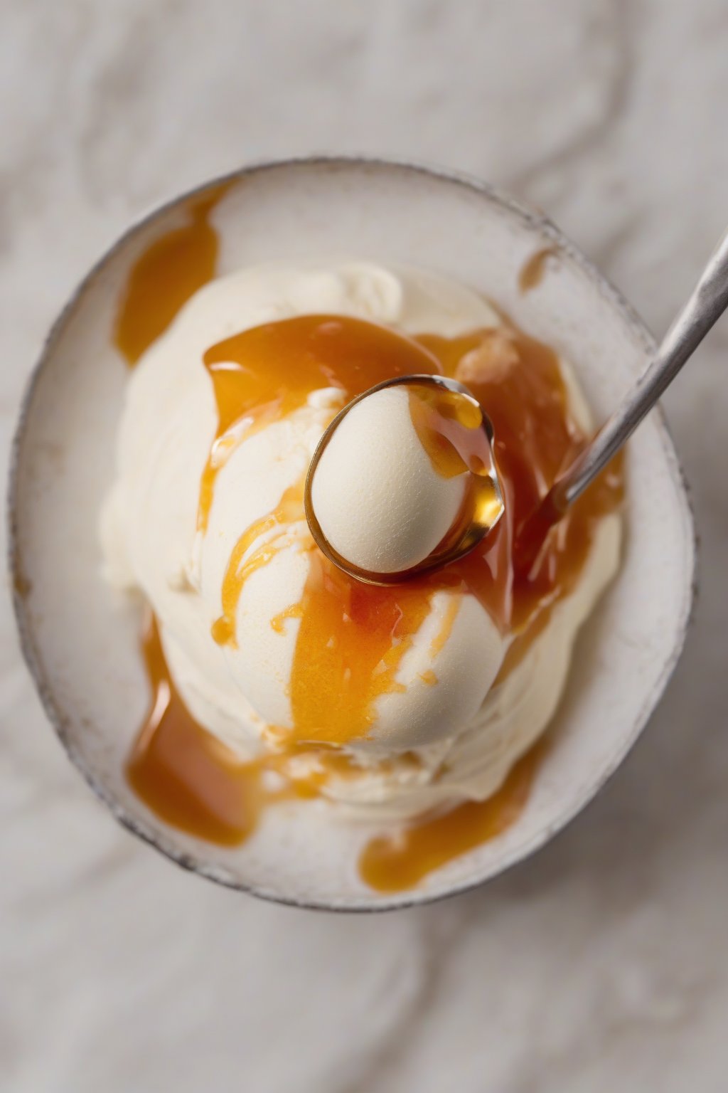 A close-up photo of vanilla-speckled cayenne hot honey on vanilla ice cream, under soft lighting.