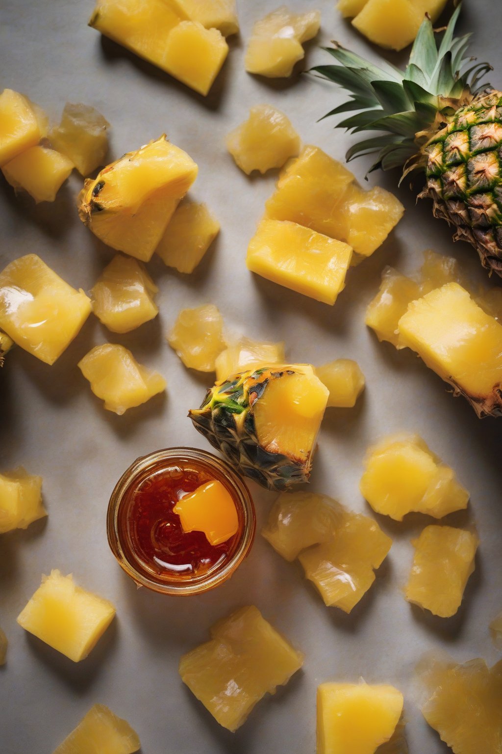 A close-up photo of pineapple-scotch bonnet hot honey with tropical chunks, under soft lighting.