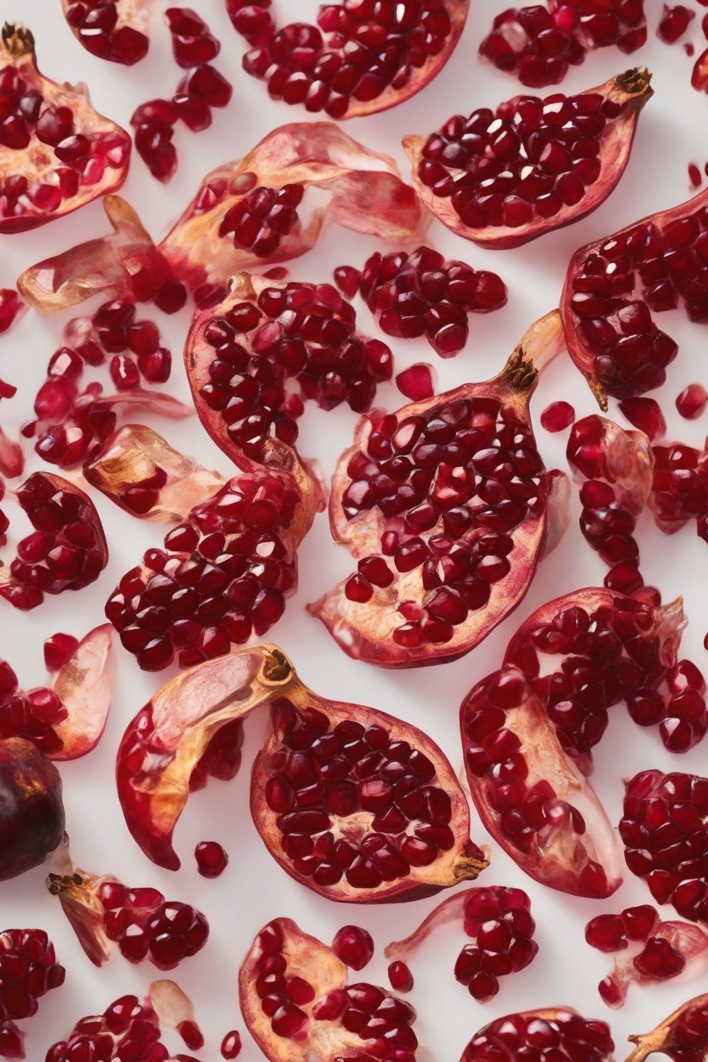 A close-up photo of ruby pomegranate-ancho hot honey dripping seeds, under soft lighting.