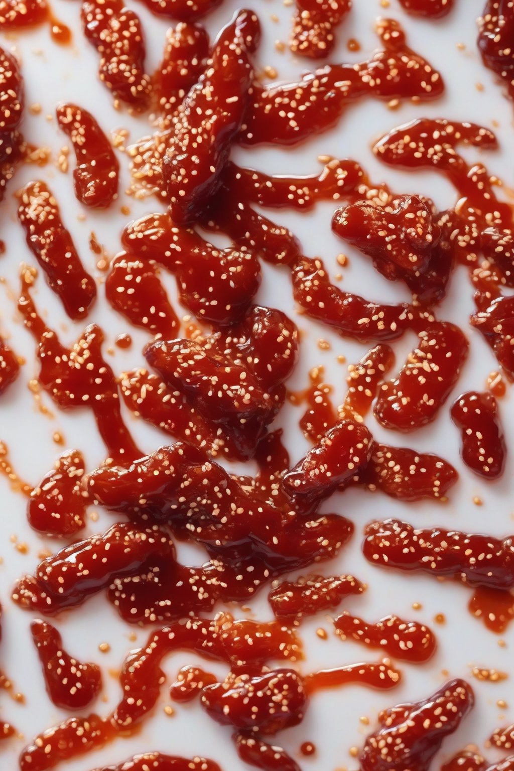 A close-up photo of sesame-gochujang hot honey with red flecks, under soft lighting.