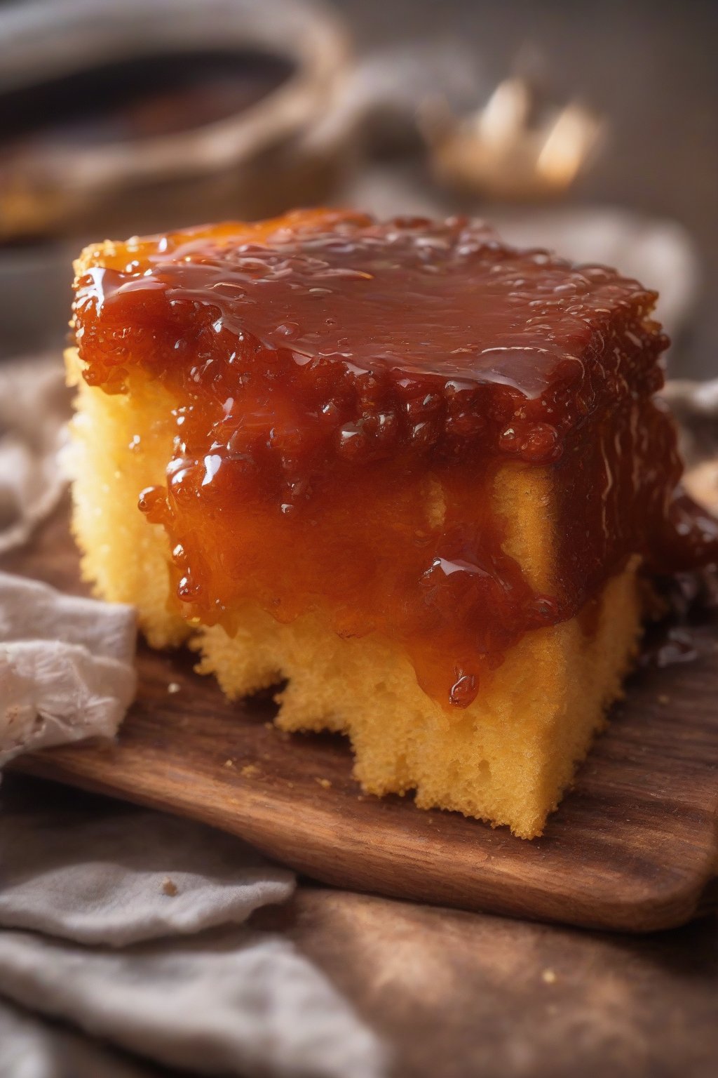 A close-up photo of smoky paprika-maple hot honey on cornbread, under soft lighting.