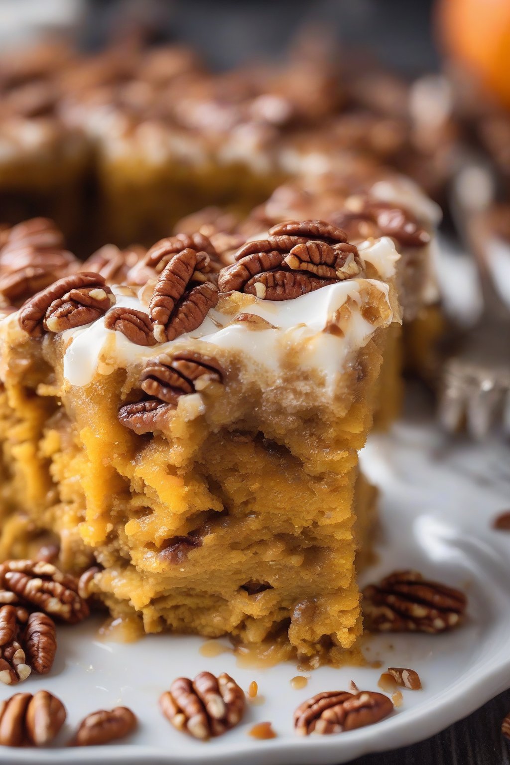 A high-resolution photo of a slice of classic pumpkin spice layered dump cake revealing gooey layers, topped with pecans, under soft lighting.