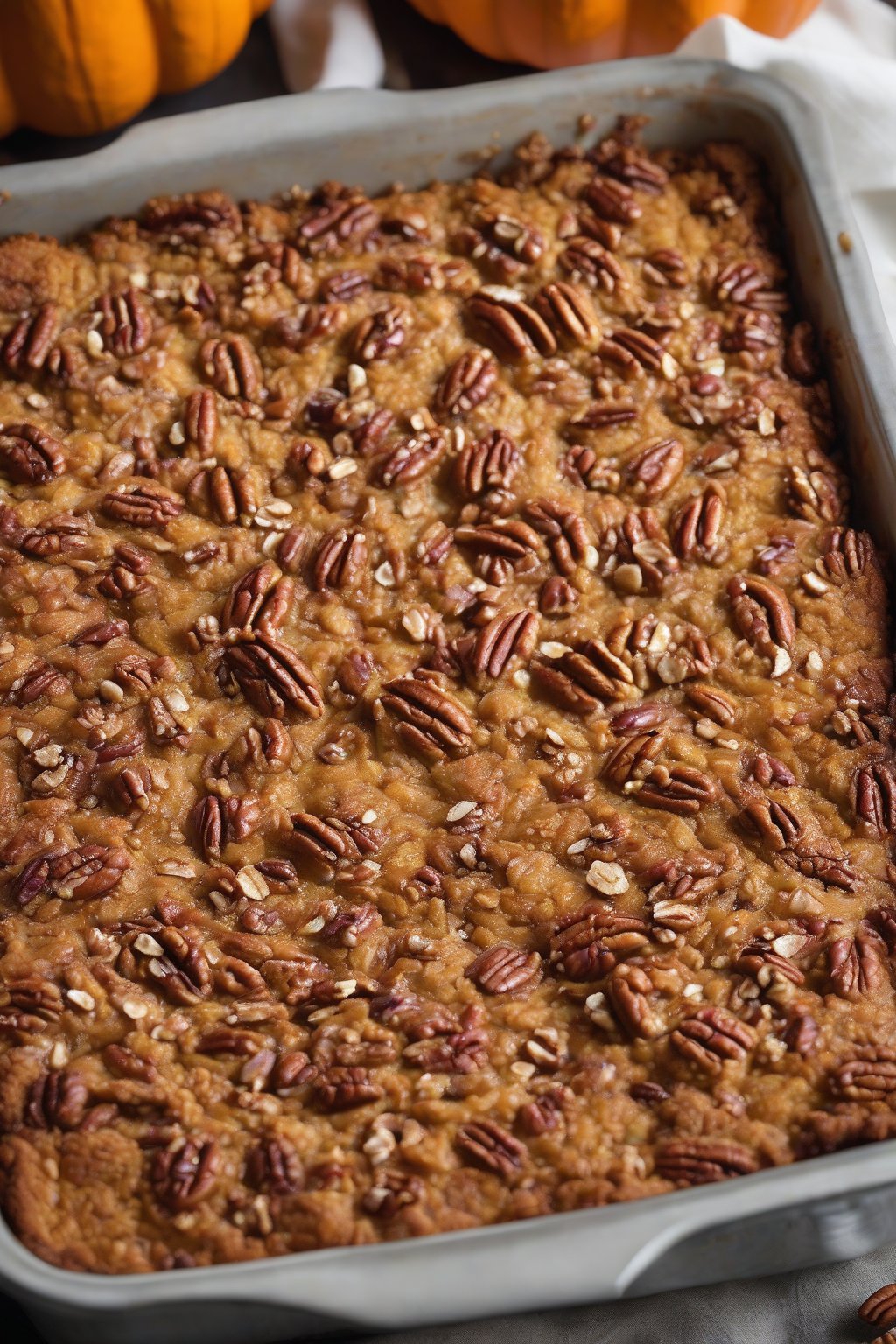 A high-resolution photo of pumpkin pecan crunch dump cake fresh from the oven, pecans glistening, under soft lighting.