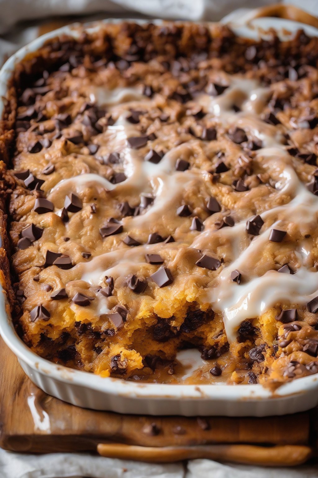 A high-resolution photo of chocolate chip pumpkin dump cake with melted chips oozing out, under soft lighting.