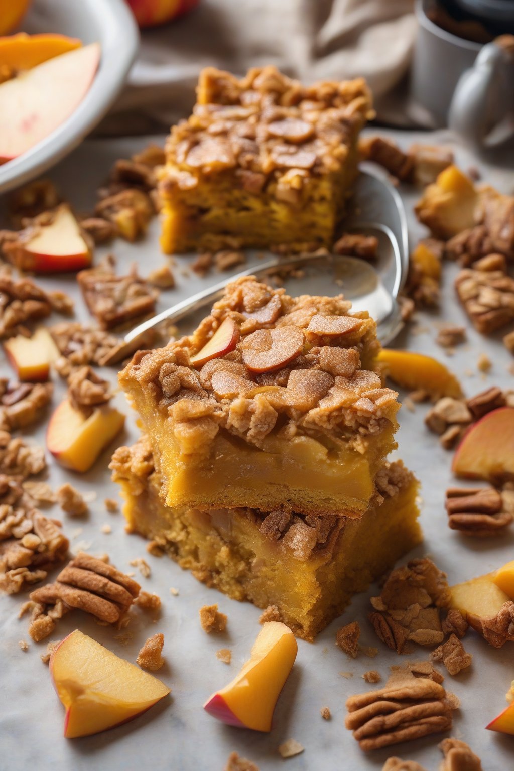 A high-resolution photo of apple pumpkin dump cake slice showing apple chunks and pumpkin layers, under soft lighting.
