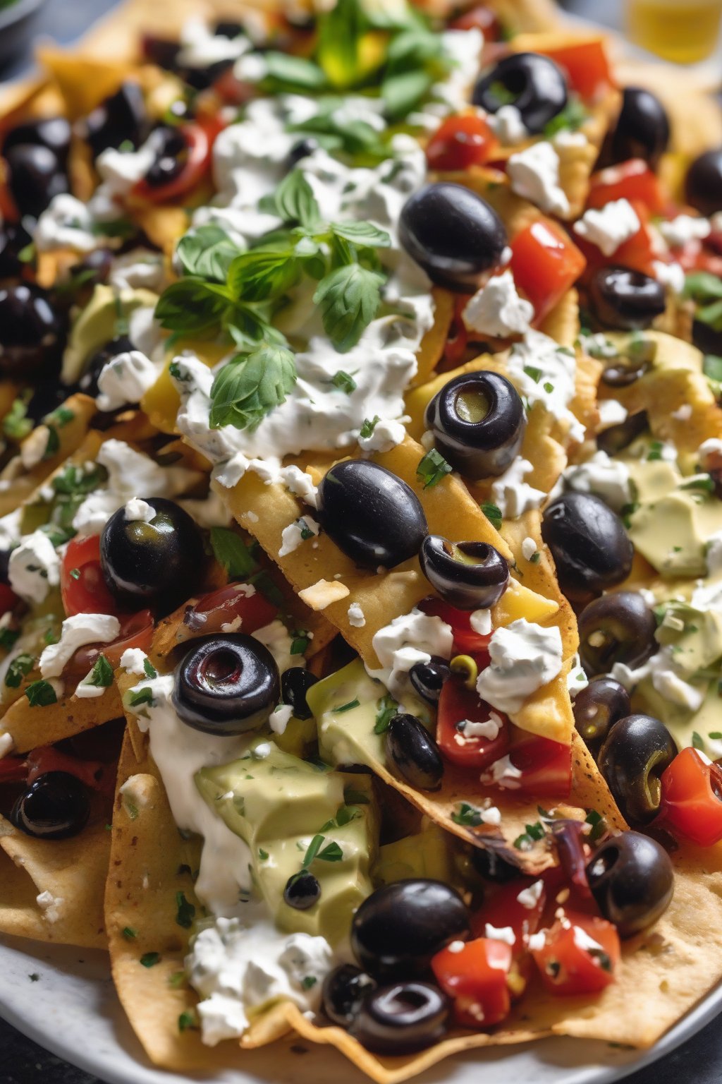 A close-up photo of Mediterranean nachos with hummus, feta, olives, and tzatziki under soft lighting.