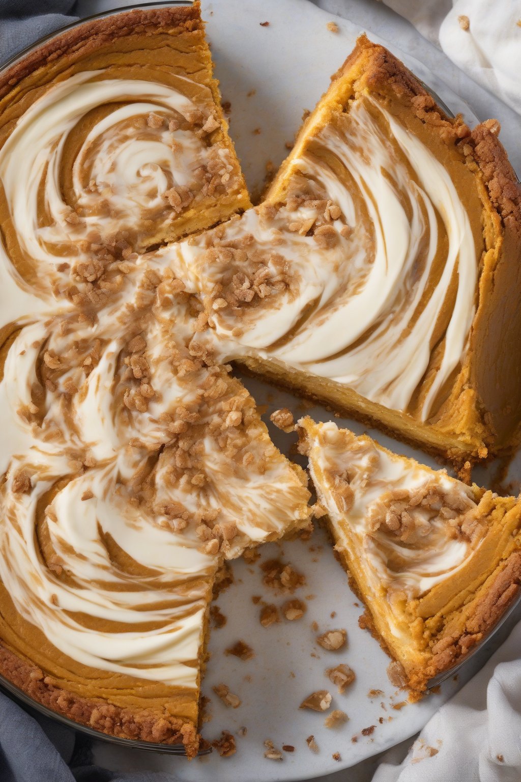 A high-resolution photo of pumpkin cheesecake dump cake with creamy swirls visible in a cut slice, under soft lighting.