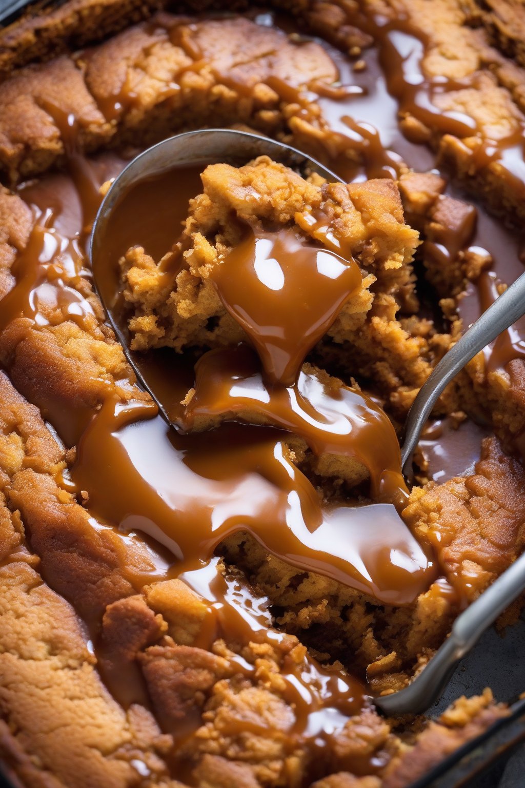 A high-resolution photo of caramel pumpkin dump cake oozing caramel sauce, under soft lighting.