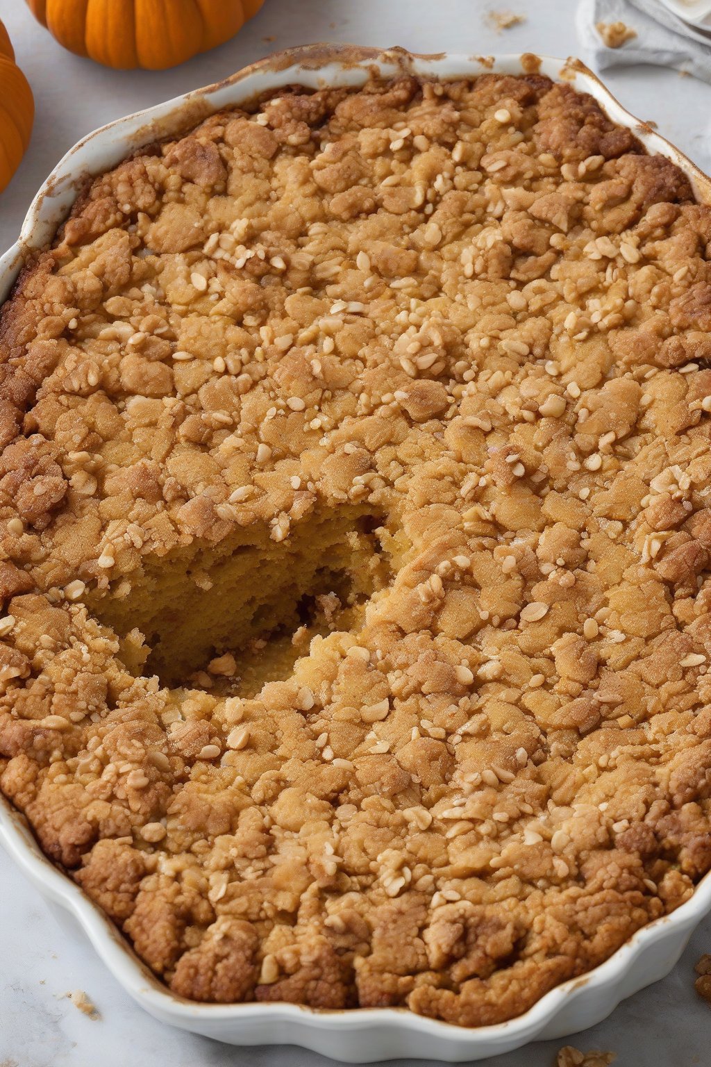 A high-resolution photo of streusel-topped pumpkin dump cake with golden crumbly topping, under soft lighting.
