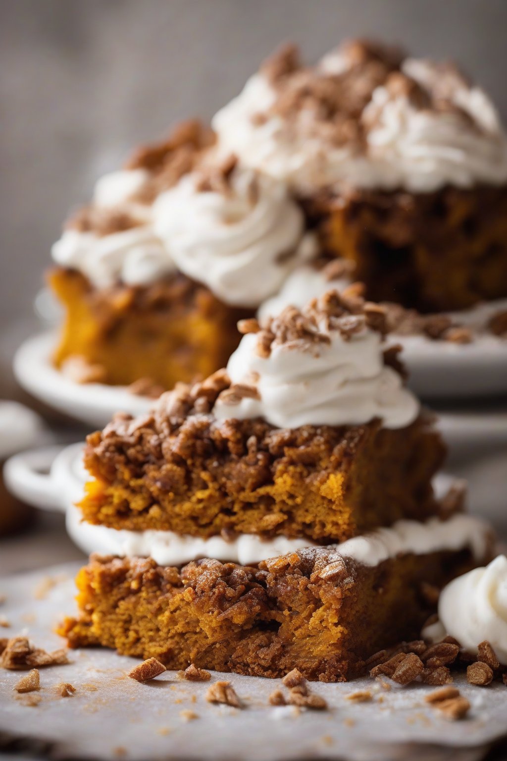 A high-resolution photo of gingerbread pumpkin dump cake with spicy, moist layers exposed, under soft lighting.